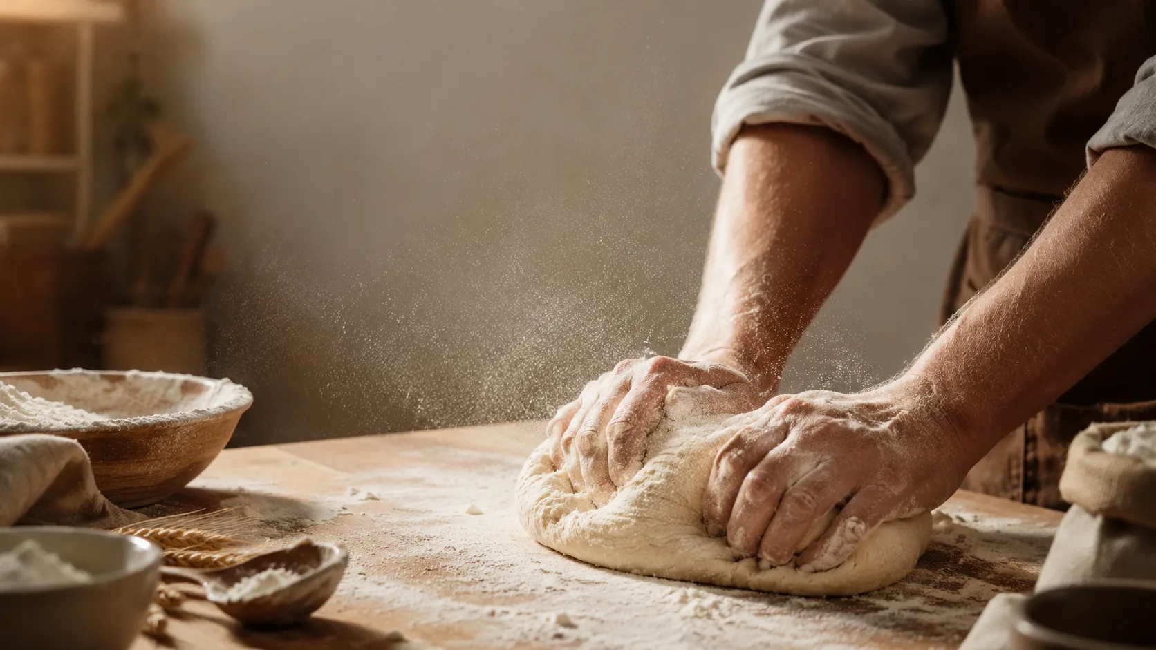 Editorial lifestyle photograph of hands kneading soft bread dough on a floured wooden board