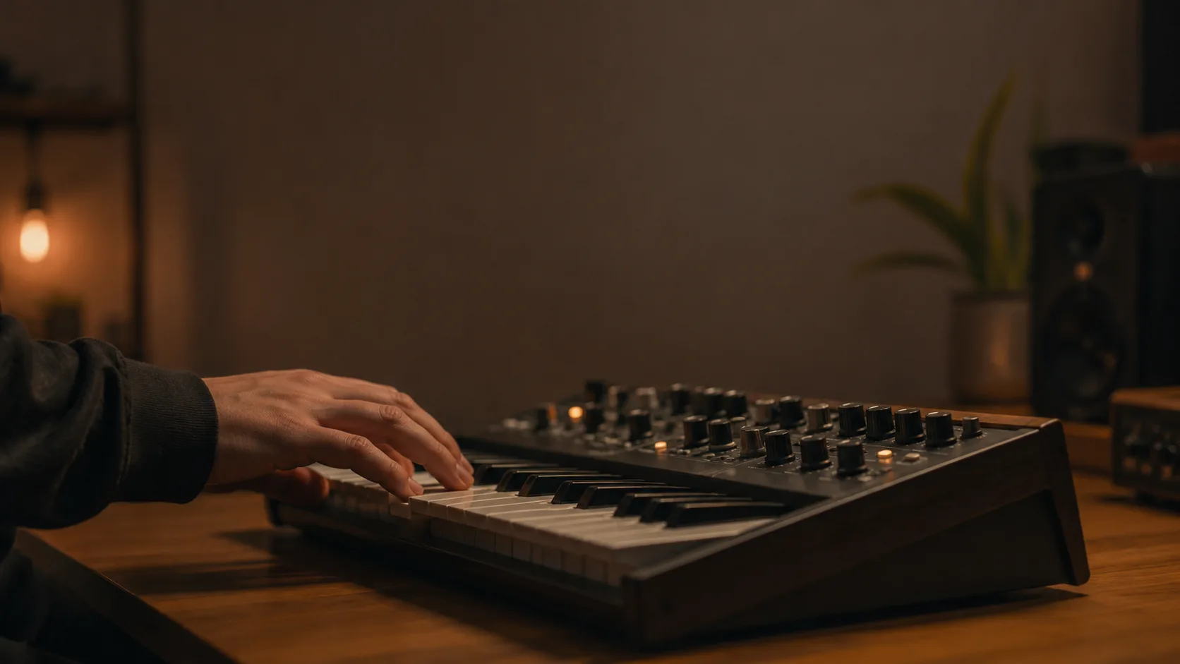 Editorial lifestyle photograph of a hand pressing a key on a small modern synthesizer