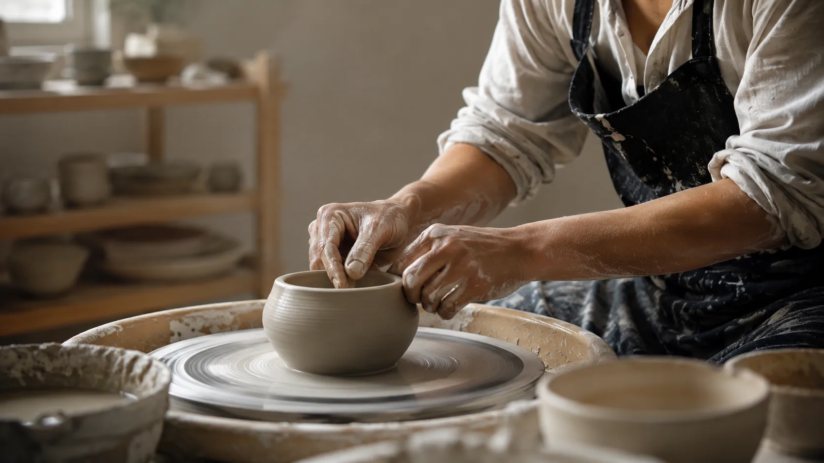 Editorial lifestyle photograph of hands shaping wet clay on a spinning pottery wheel