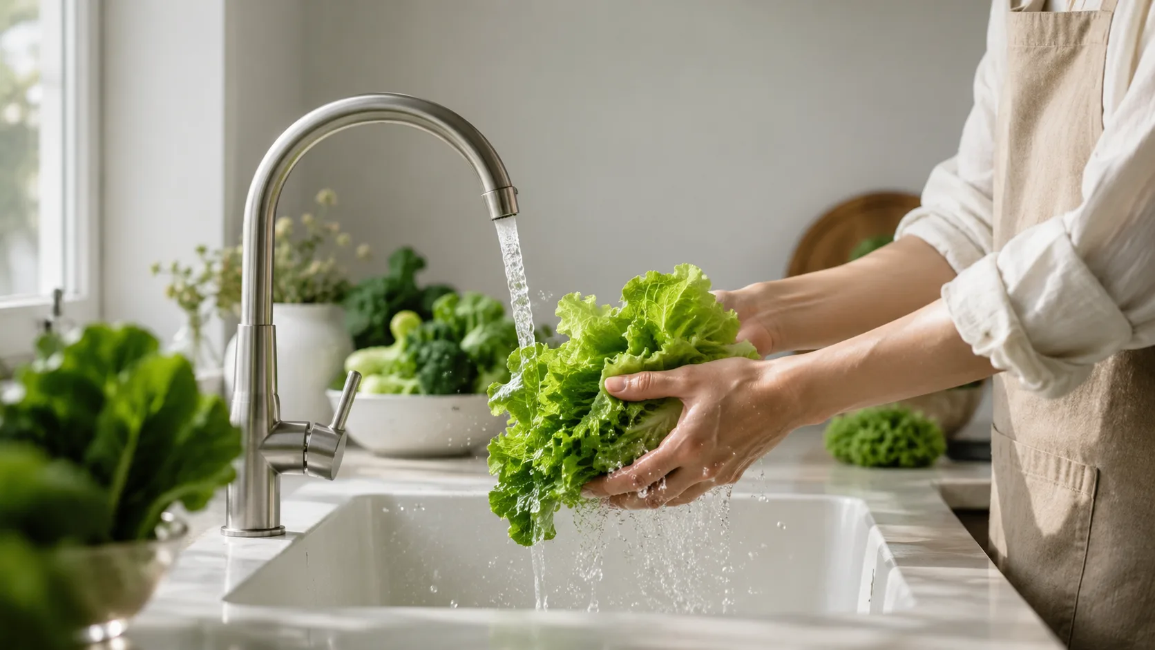 Editorial lifestyle photograph of hands rinsing fresh vegetables under a clean stream of water