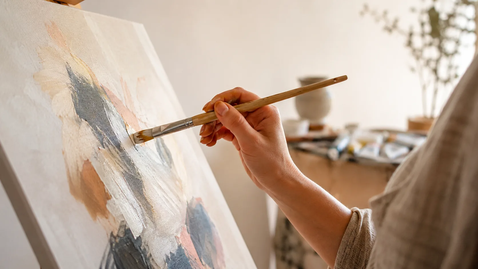 Editorial lifestyle photograph of a hand holding a paint brush poised over a canvas