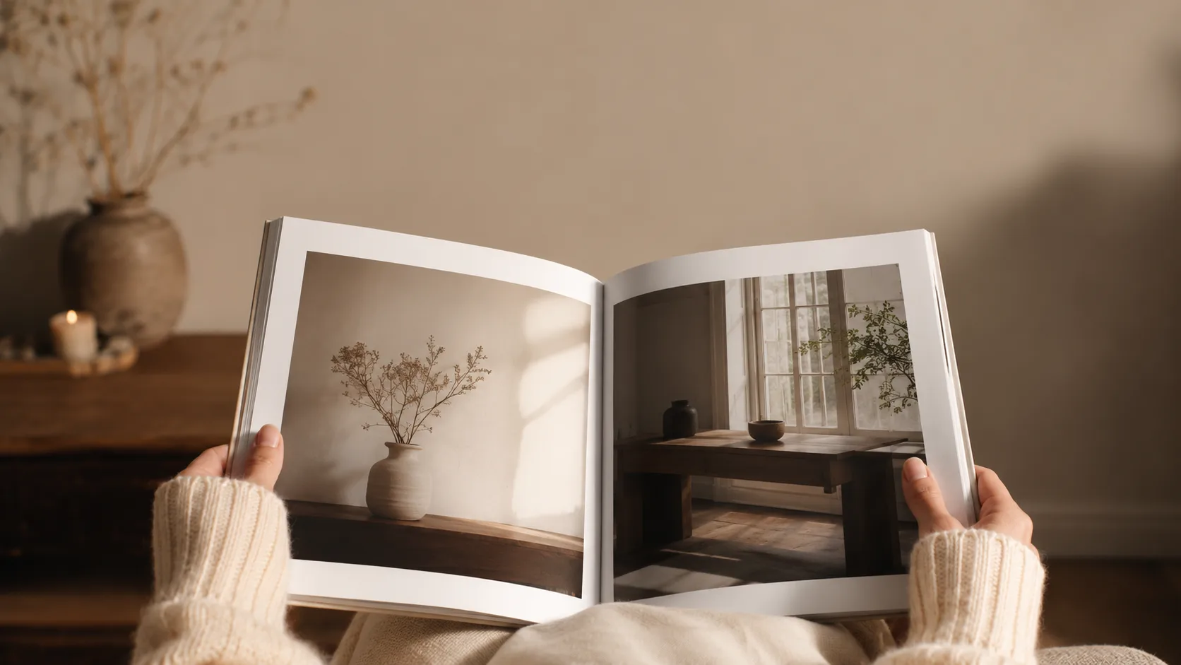 Editorial lifestyle photograph of hands holding an open magazine in a cozy interior