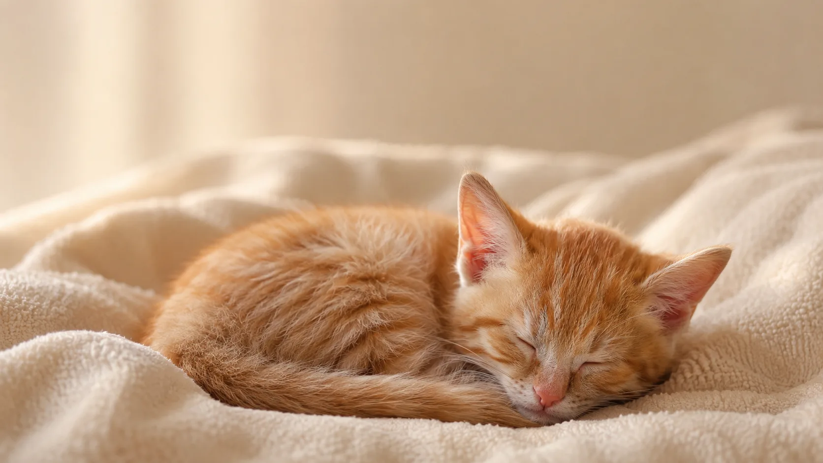 Gatito pequeño acurrucado dormido sobre una manta suave