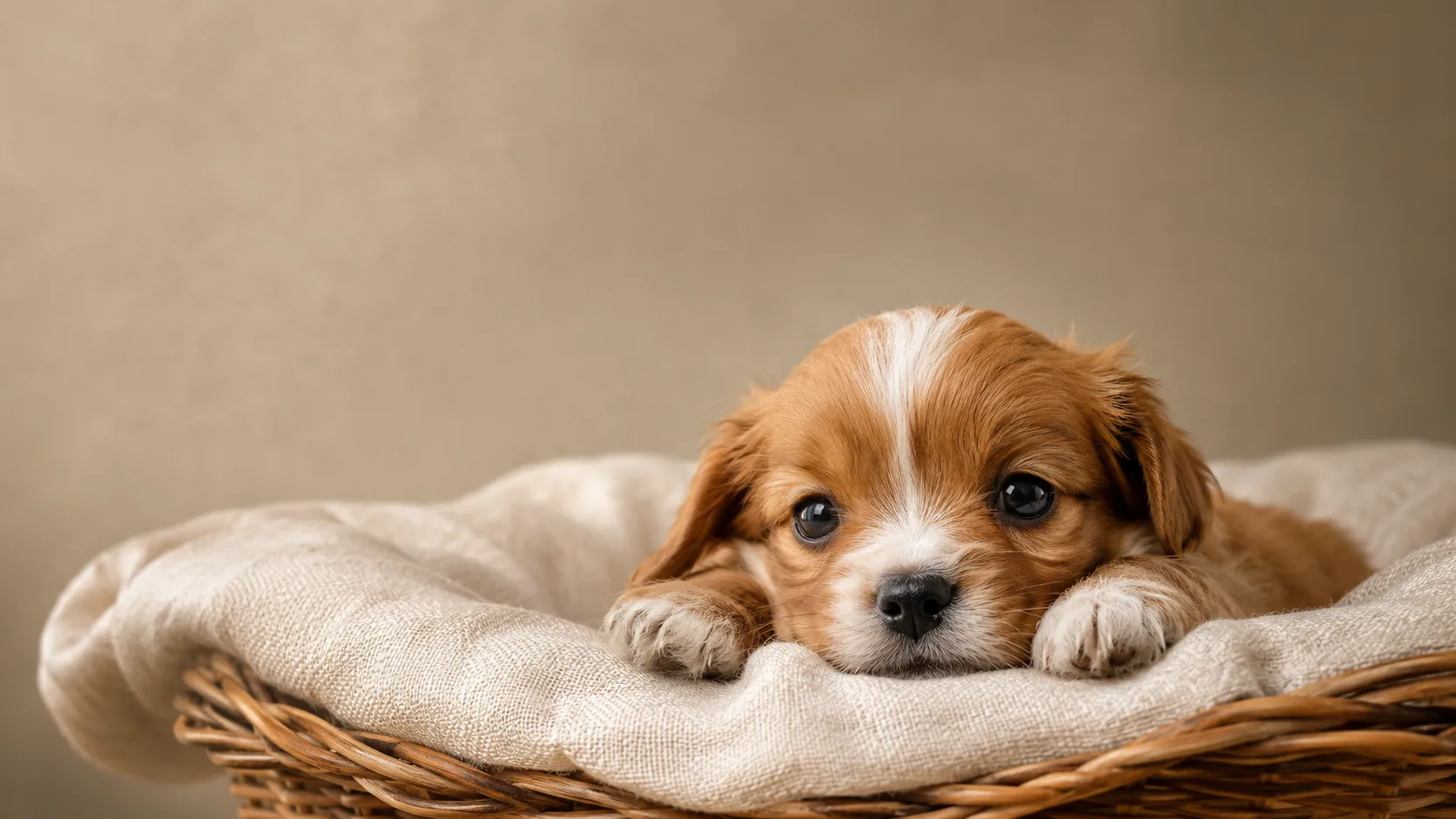 Cachorro acurrucado en una cesta, en adopción