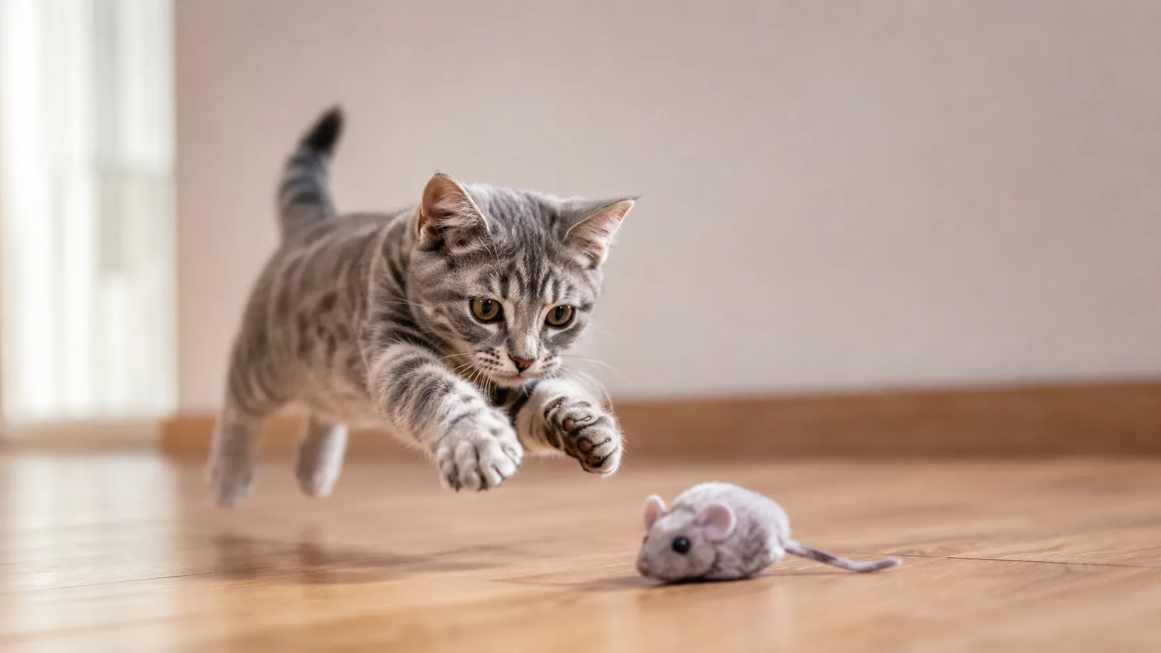 Gato jugando con un juguete, disponible para adopción