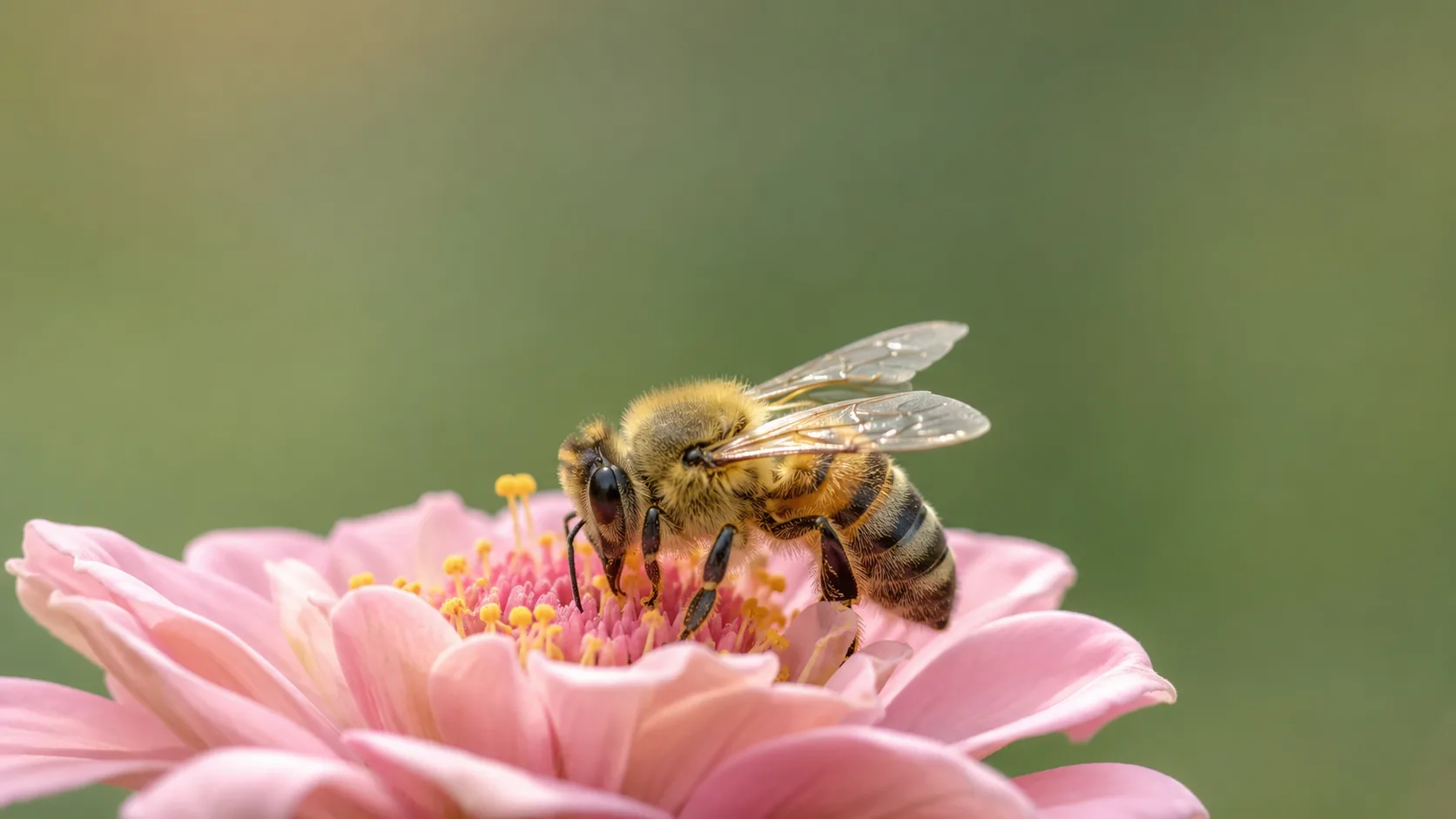 Editorial wildlife macro of a bee on a soft blooming flower