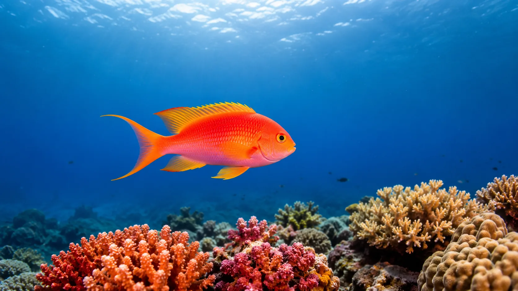 Editorial wildlife photograph of a vivid tropical fish above colorful coral