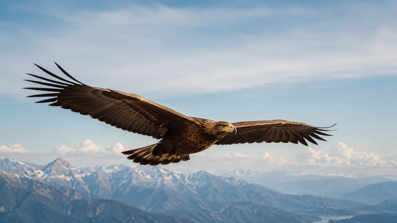 Editorial wildlife photograph of an eagle in mid-flight against soft mountains