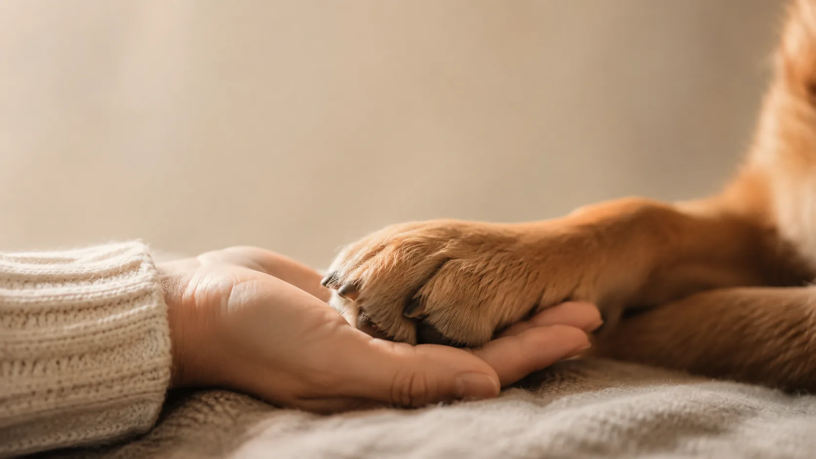 Pata de un perro apoyada con confianza sobre la mano de su cuidador