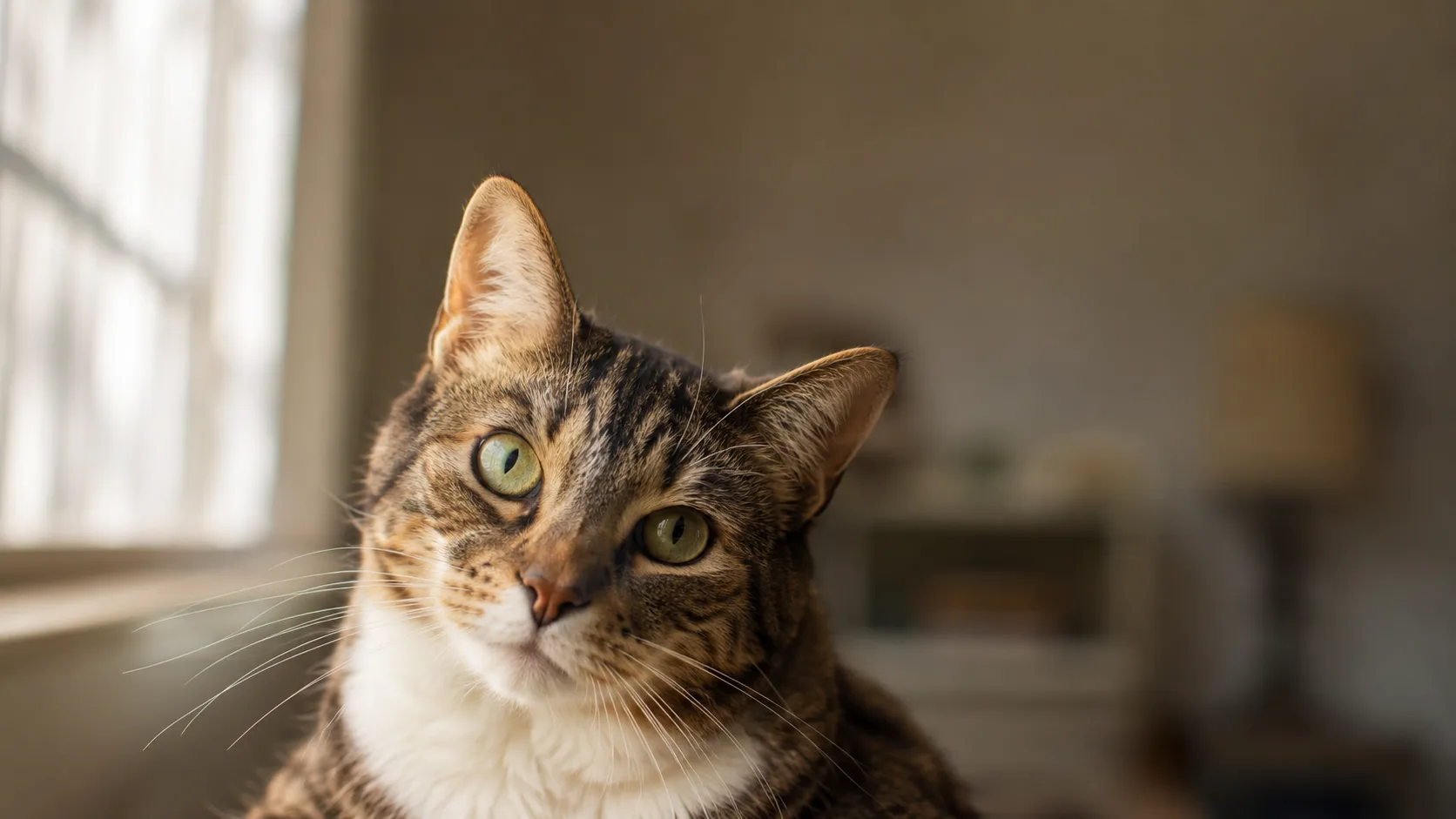 Gato tranquilo junto a una ventana durante su sesión de cuidado