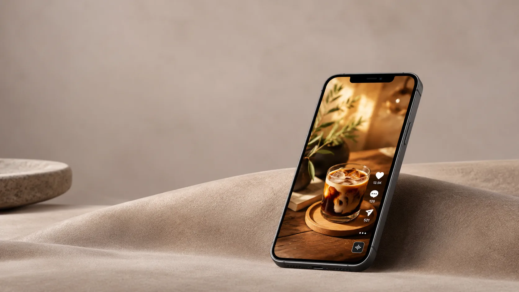 Device mockup of a smartphone showing a vertical reels-style feed