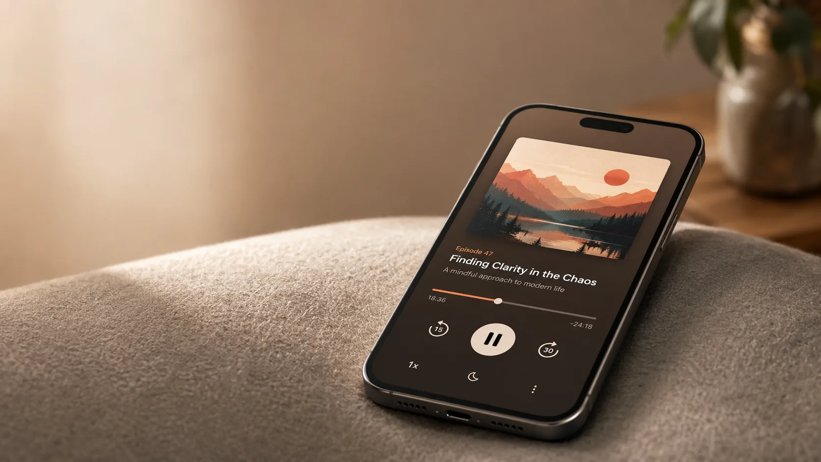Device mockup of a smartphone showing a podcast now-playing screen