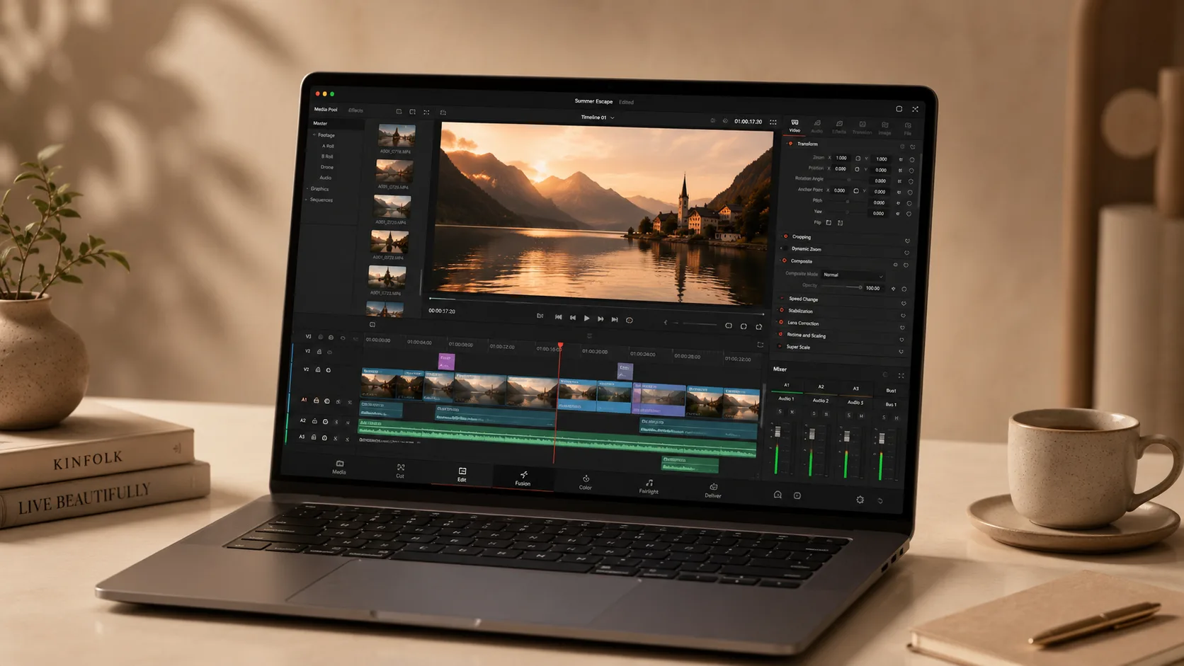 Device mockup of a laptop showing a video-editing timeline workspace