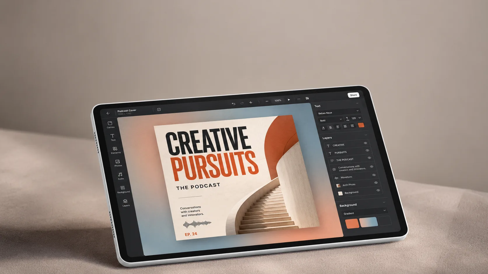 Device mockup of a tablet showing a podcast cover-art design canvas