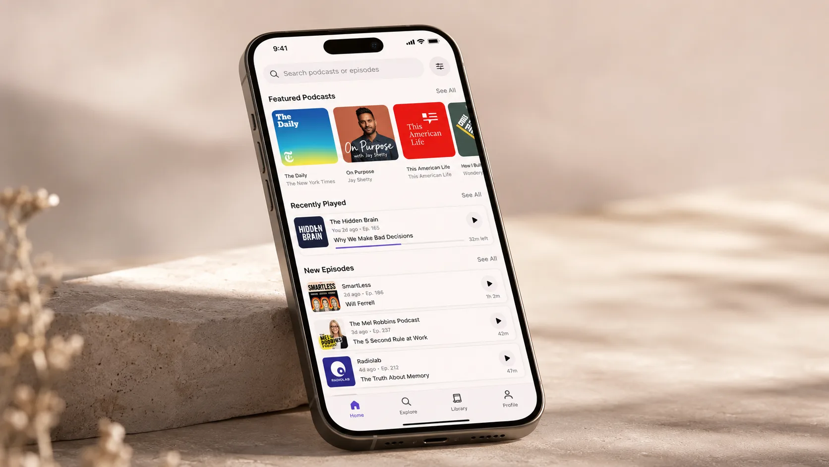 Device mockup of a smartphone showing a podcast-discovery list
