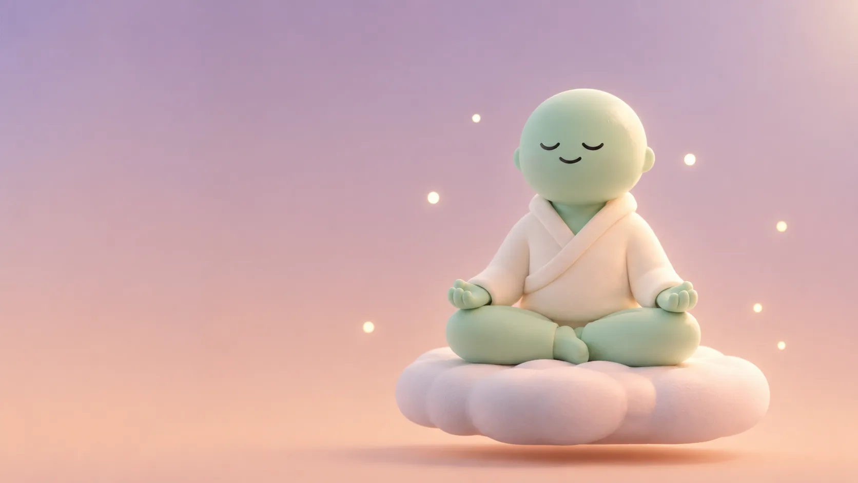 Personaje claymorph meditando con las piernas cruzadas sobre una plataforma con forma de nube
