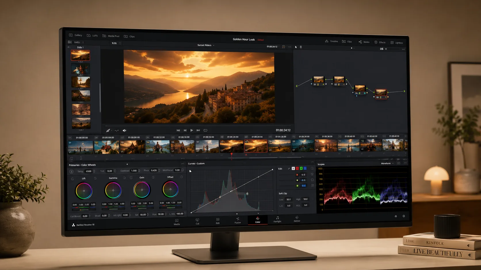 Device mockup of a wide monitor showing a video color-grading workspace