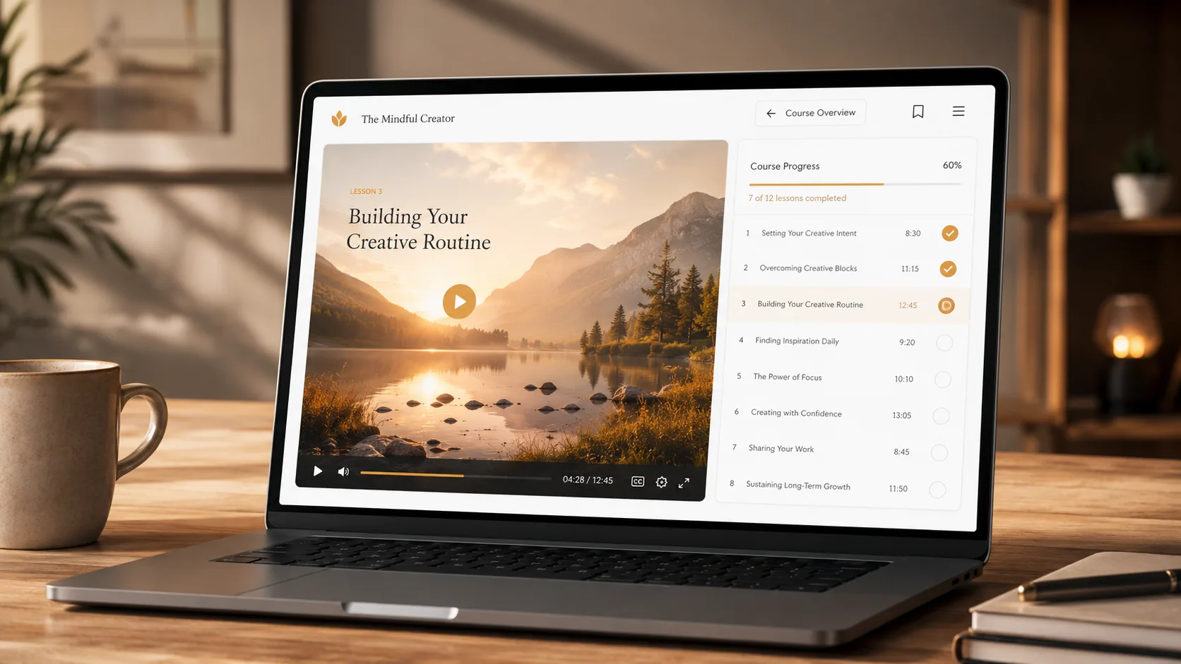 Device mockup of a laptop showing a clean online course player