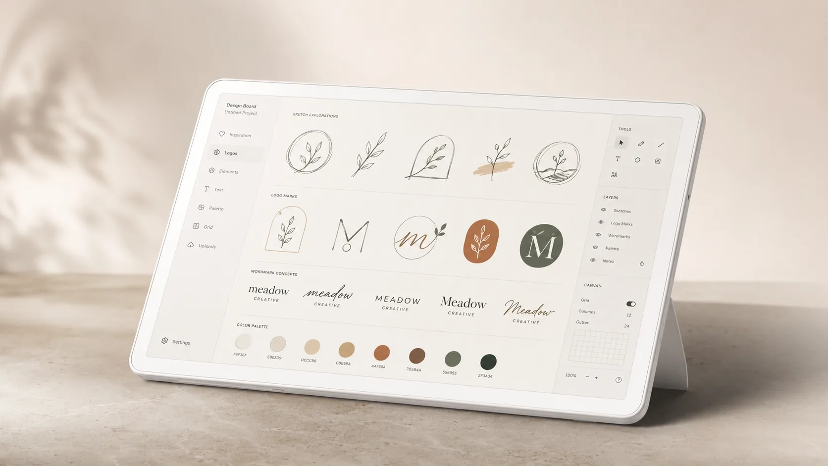Device mockup of a tablet showing a creator-brand design canvas