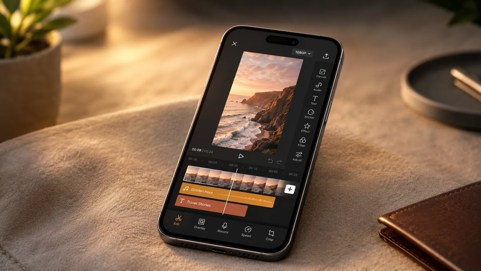 Device mockup of a smartphone showing a vertical short-video editing interface