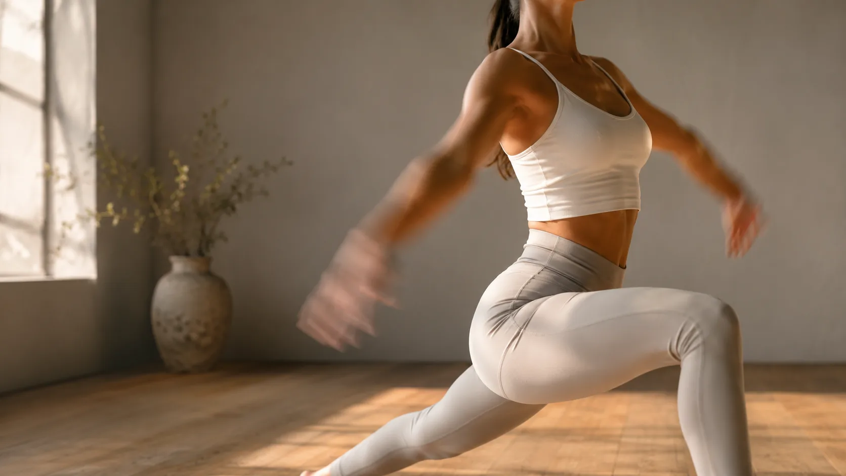 Editorial sports photograph of a person in flowing motion between yoga poses
