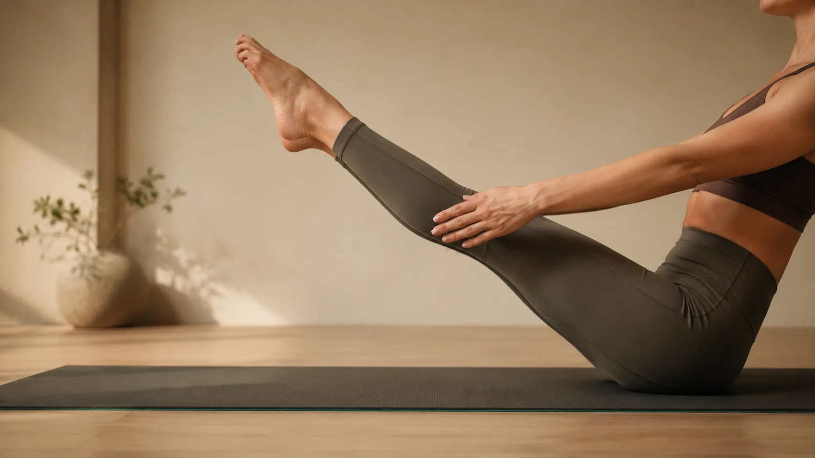 Editorial sports photograph of a person on a pilates mat in a clean studio