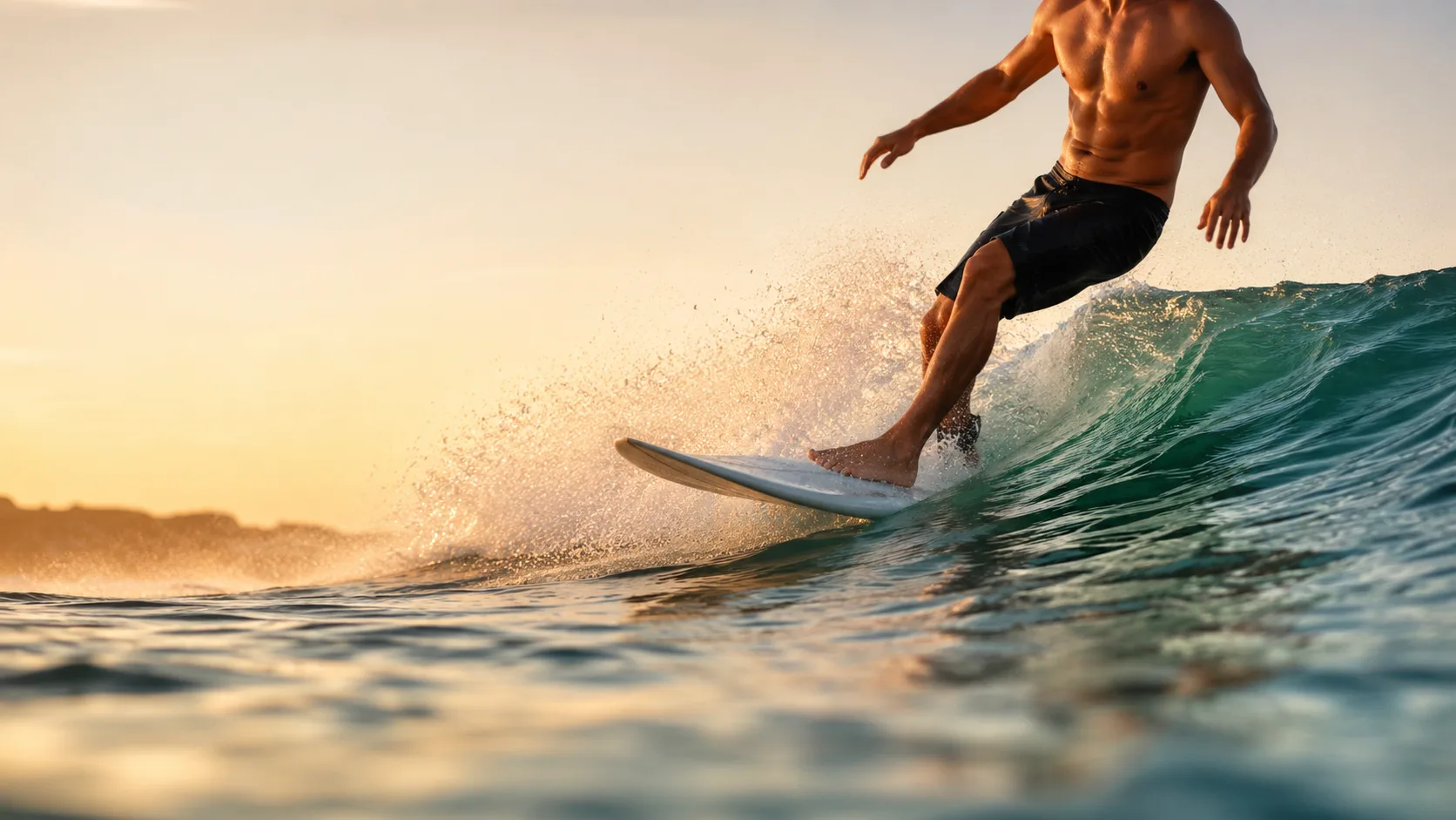 Editorial sports photograph of a surfer mid-turn on a clean wave