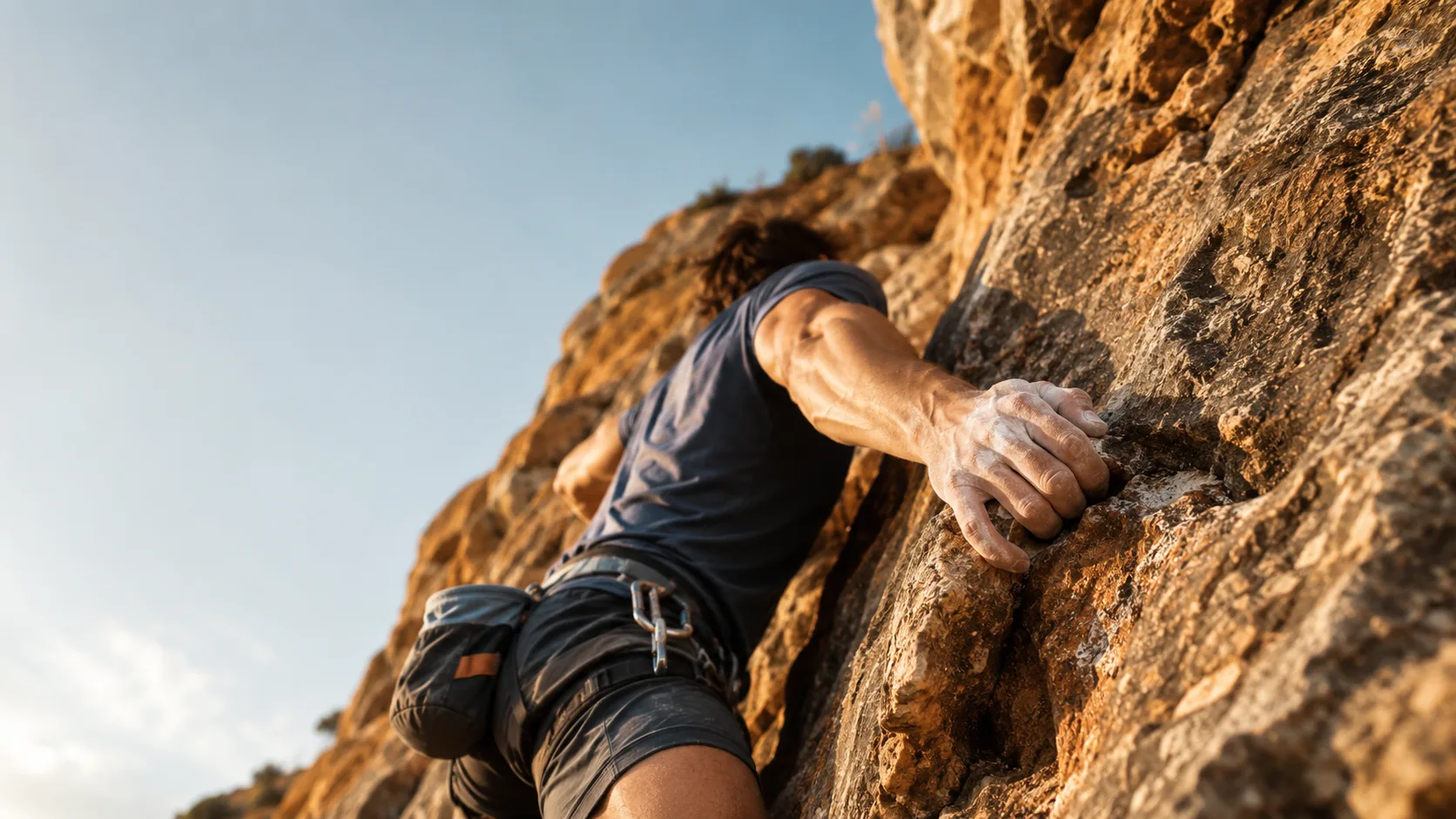 Editorial sports photograph of a rock climber mid-reach on a rugged cliff face