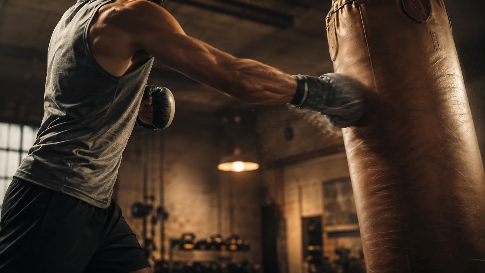 Editorial sports photograph of a person mid-punch on a heavy boxing bag