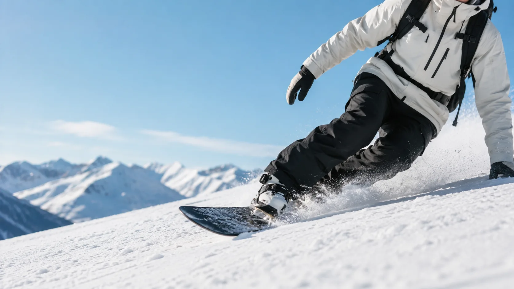 Snowboarder saltando entre nieve en polvo bajo cielo despejado