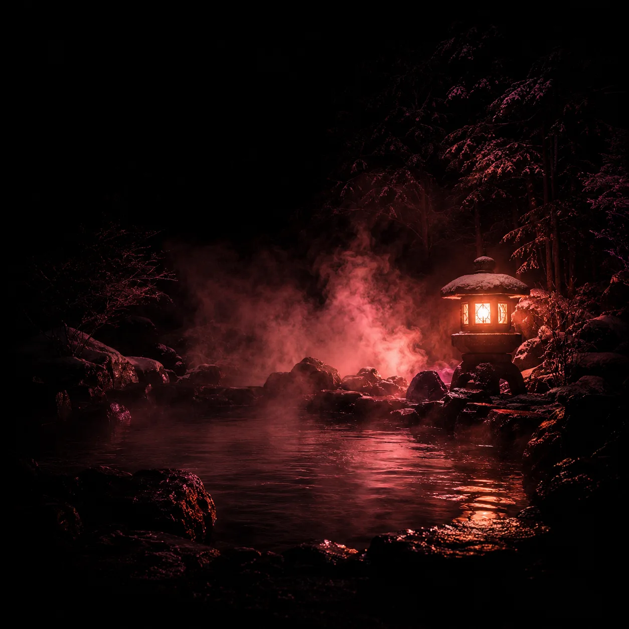 Editorial nighttime photograph of an outdoor onsen with rising steam and a stone lantern