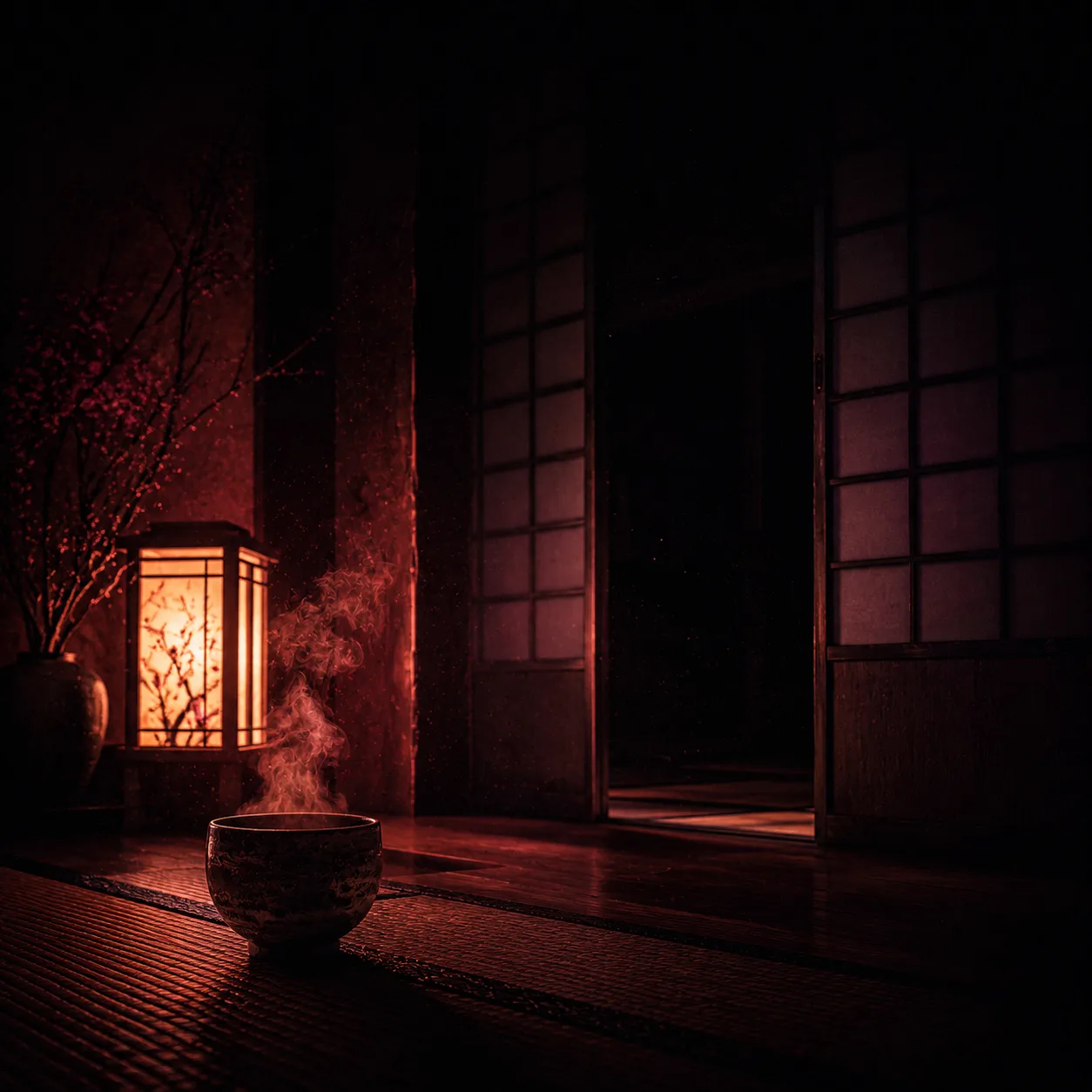 Editorial nighttime photograph of a ryokan interior with shoji doors, andon lantern and tea on tatami