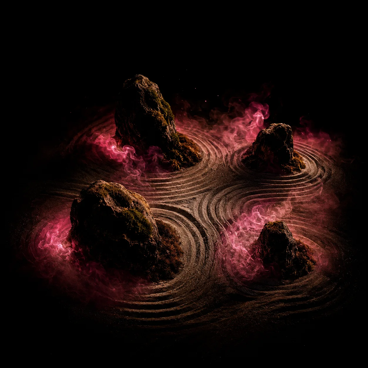 Editorial overhead photograph of a zen rock garden with glowing pink mist between mossy stones