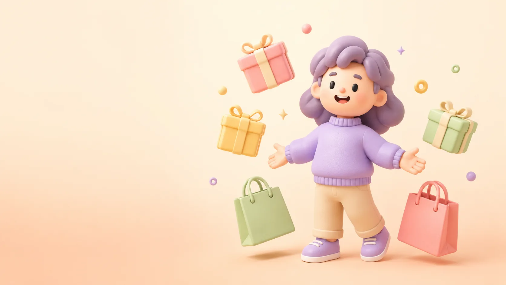 Claymorph character surrounded by 3-4 floating gift boxes and shopping bags