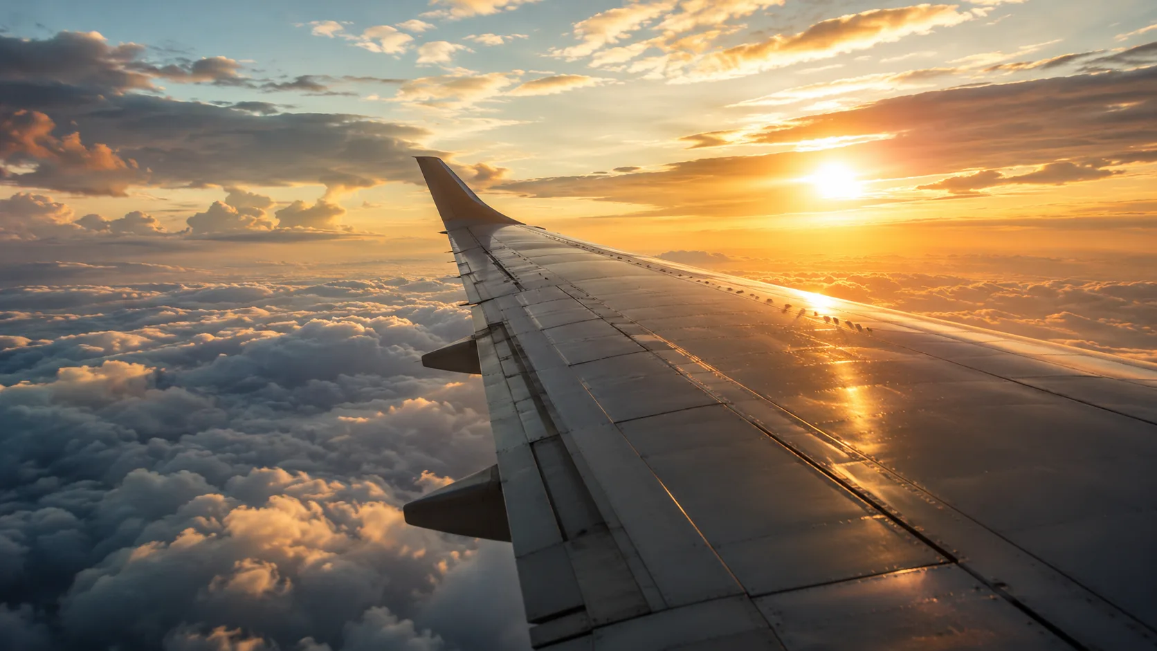 Ala de un avión sobre un mar de nubes iluminado por la luz del atardecer