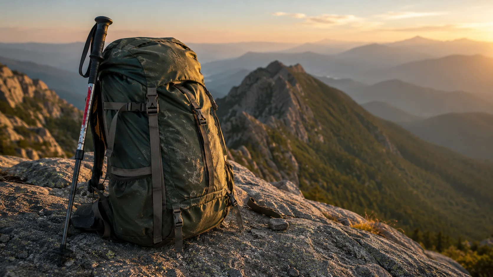 Editorial travel photograph of a worn olive backpack on grey granite with mountains receding into blue haze