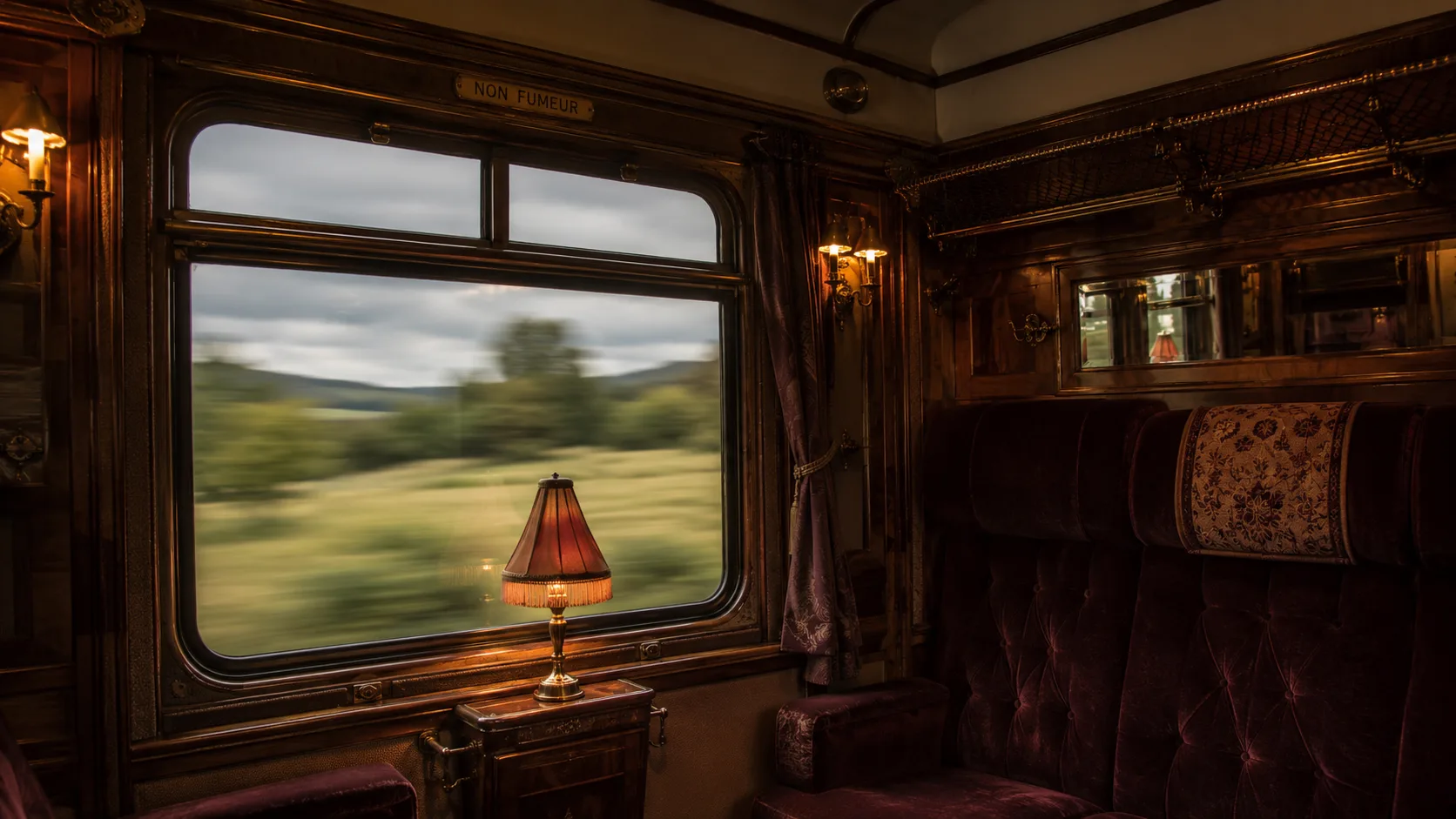 Editorial travel photograph of an empty vintage European train carriage with warm sconces and motion-blur landscape