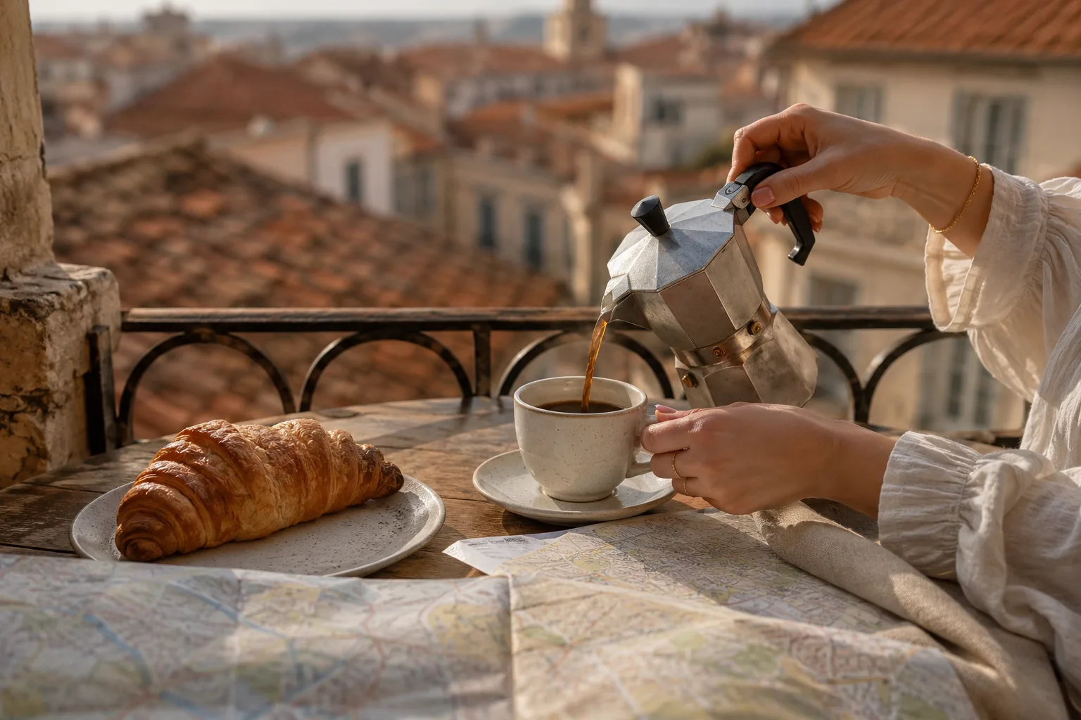 Editorial travel photograph of hands pouring coffee on a small balcony table with a croissant and a folded paper map