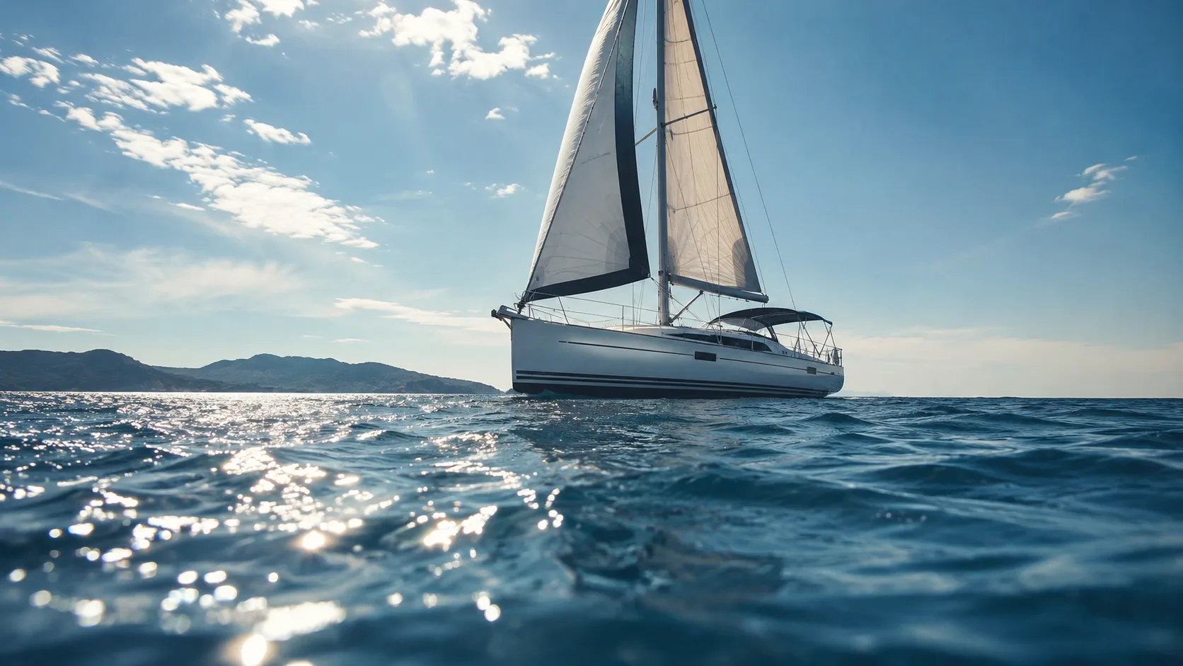 Editorial travel photograph of a single white sailboat from a low angle on glinting water with a distant island silhouette