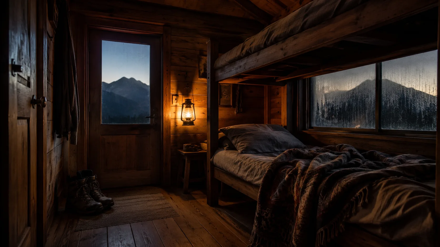 Editorial travel photograph of a small wood-paneled alpine cabin interior with a wool blanket, boots and a lantern