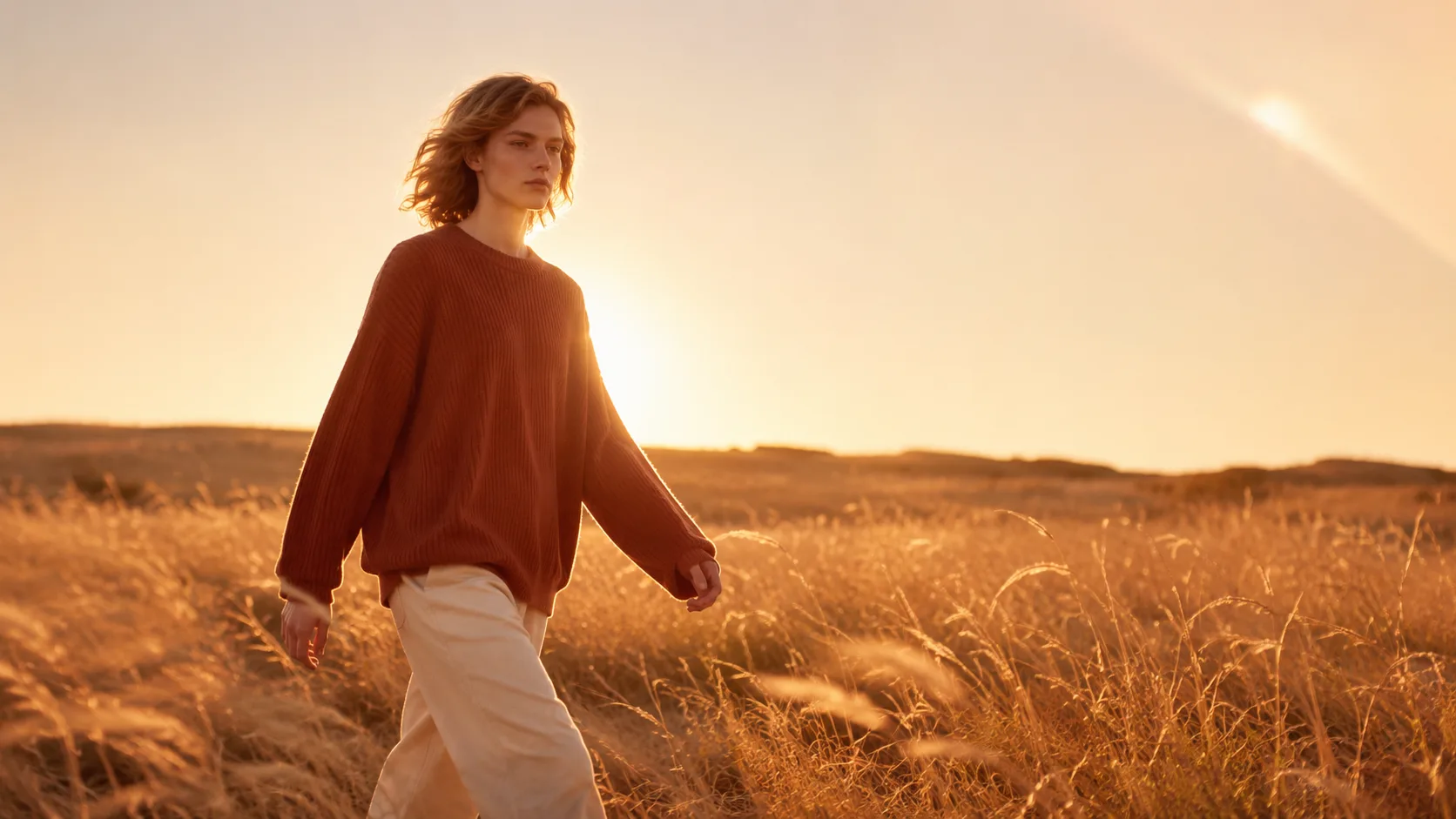 Golden hour outdoor lifestyle of model walking through wheat field in rust knit sweater