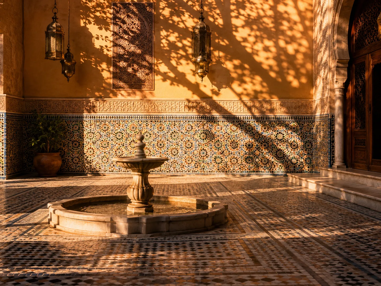 Patio de un riad en Marrakech con azulejos, fuente y vegetación