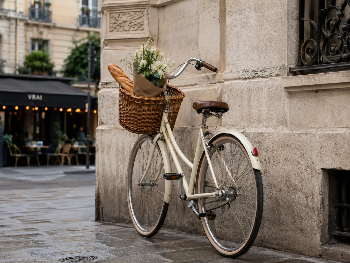Editorial travel photograph of a cream city bike with a wicker basket leaning on a Haussmann limestone wall