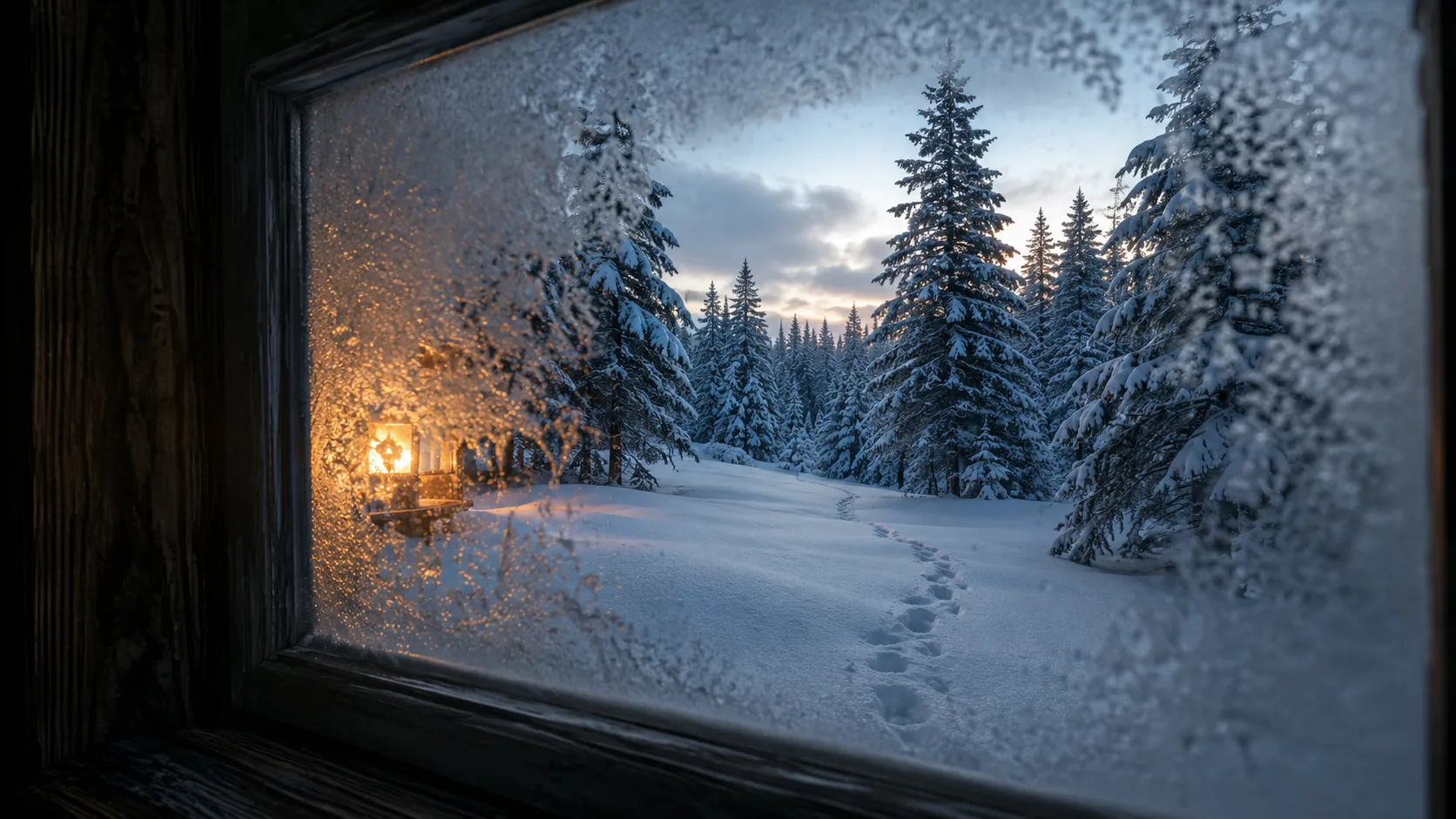 Editorial travel photograph through a frosted cabin window of snow-covered pines with a single set of footprints