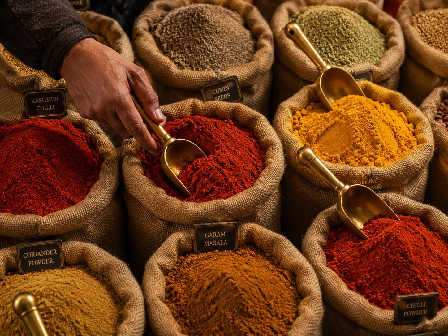 Editorial travel photograph from above of conical mounds of red, yellow and orange spices in burlap sacks with brass scoops