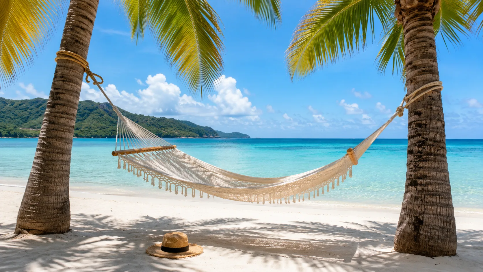 Editorial travel photograph of a cream cotton hammock strung between two palms over white sand and turquoise water