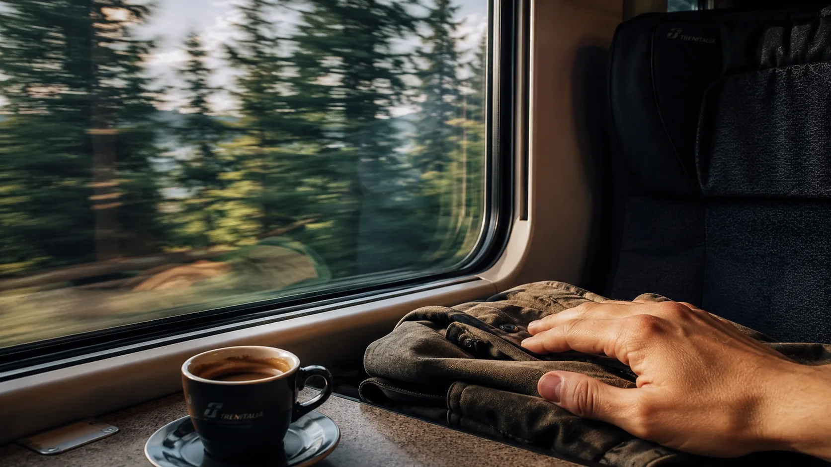 Editorial travel photograph of an interior train window with motion-blurred forest streaking past and an espresso cup on a jacket