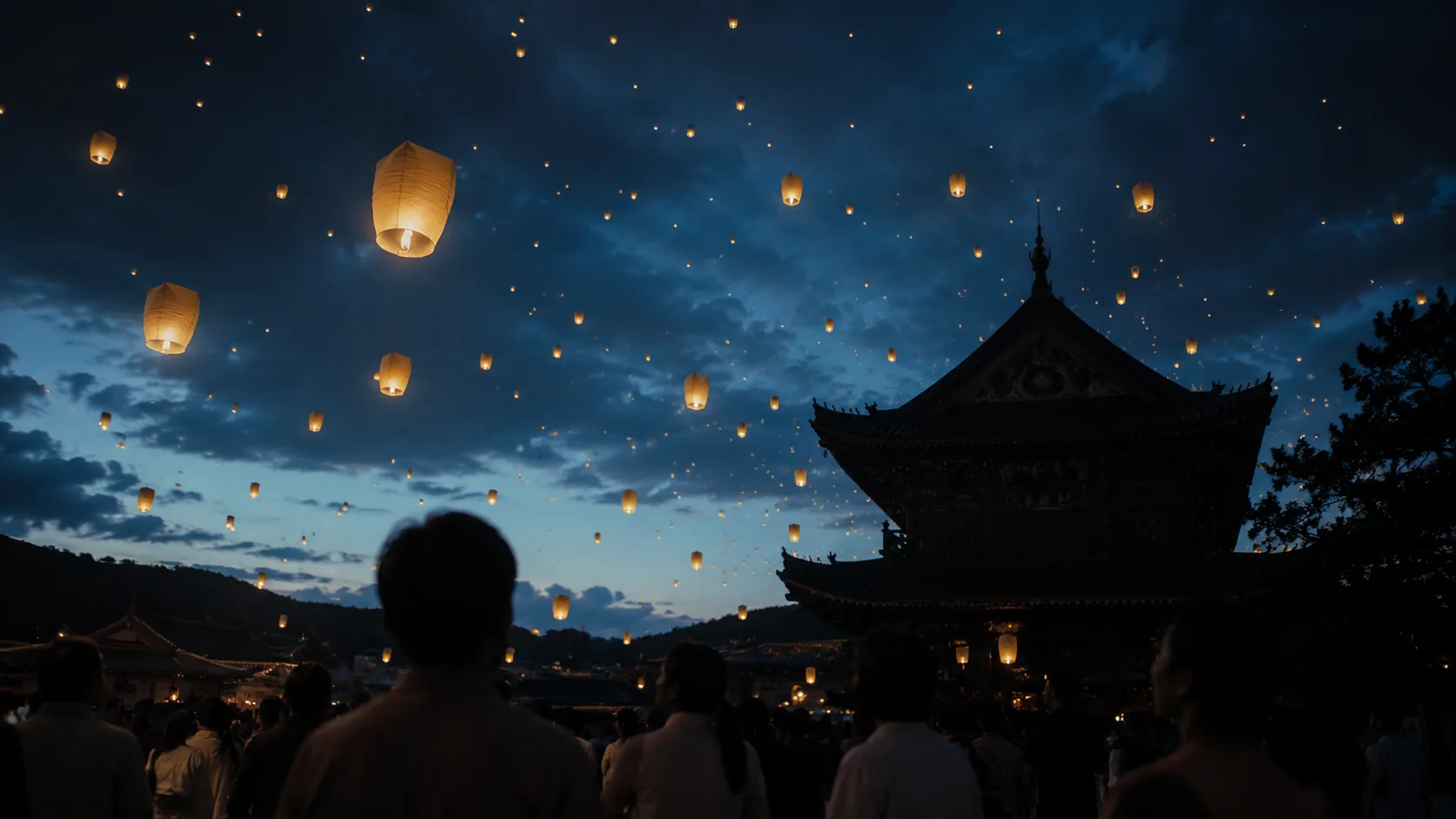 Cientos de farolillos iluminados flotando en el cielo durante un festival nocturno