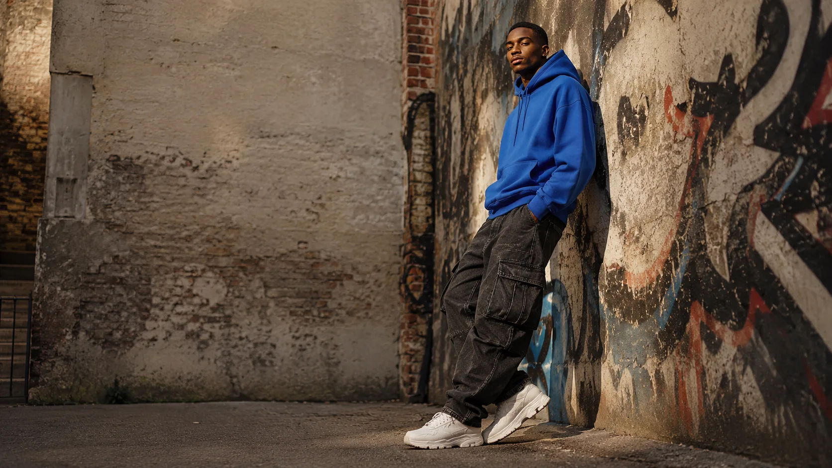 Urban editorial of model leaning against graffiti wall in cobalt streetwear hoodie