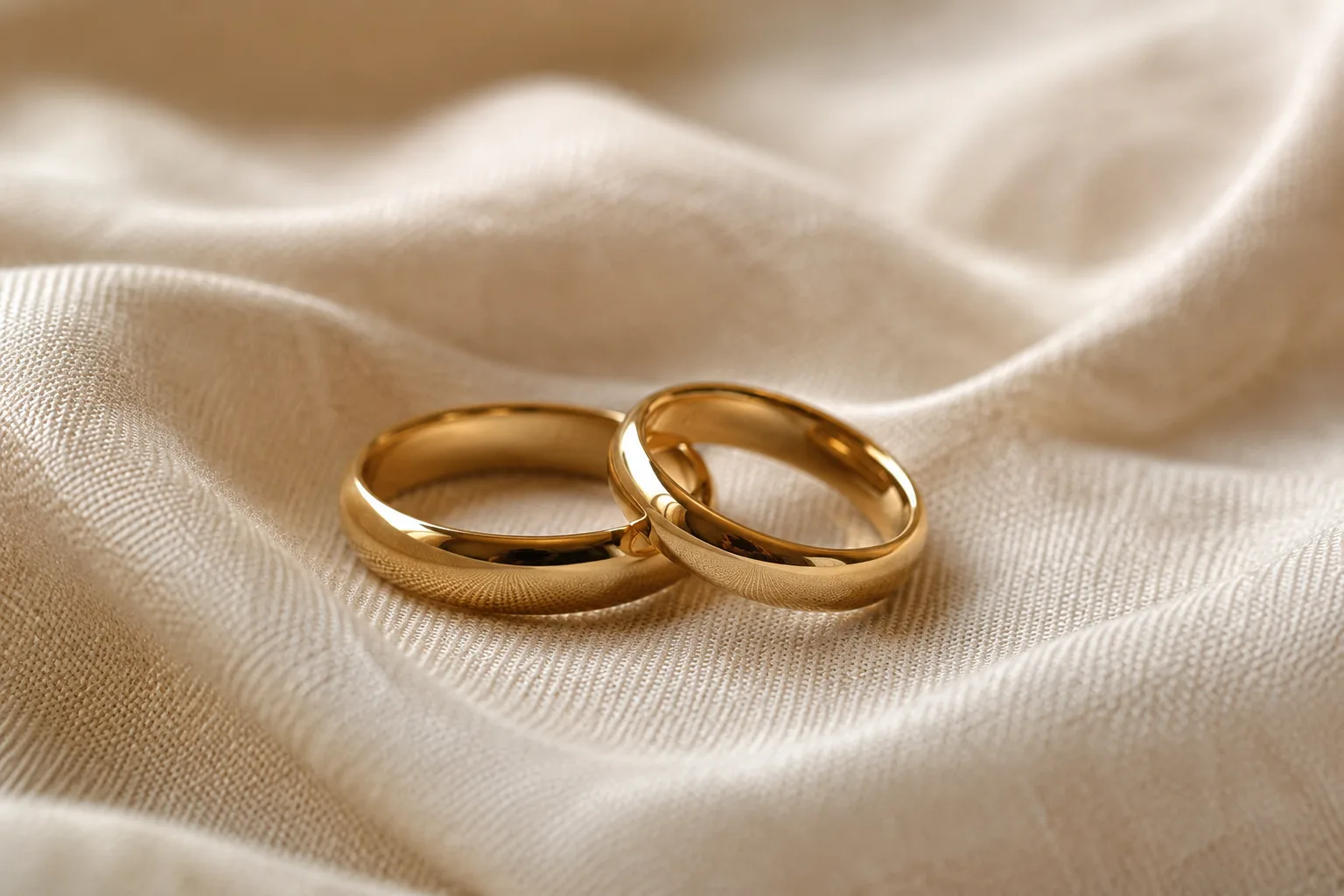 Editorial wedding close-up of two gold wedding bands resting on folded ivory linen with soft window light